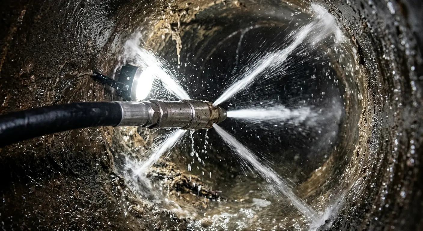 High-pressure hydro jetting nozzle cleaning sewer pipe for Sewer Cleanout in Olean