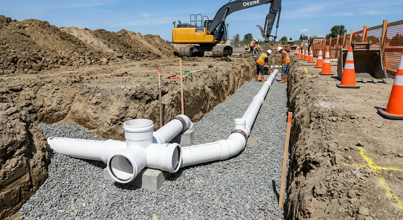 New PVC sewer pipe installation in open trench for Commercial Drain Cleaning in Olean