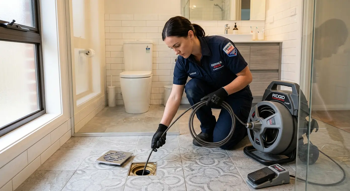 Technician clearing a bathroom floor drain for Clogged Drain Repair in Olean